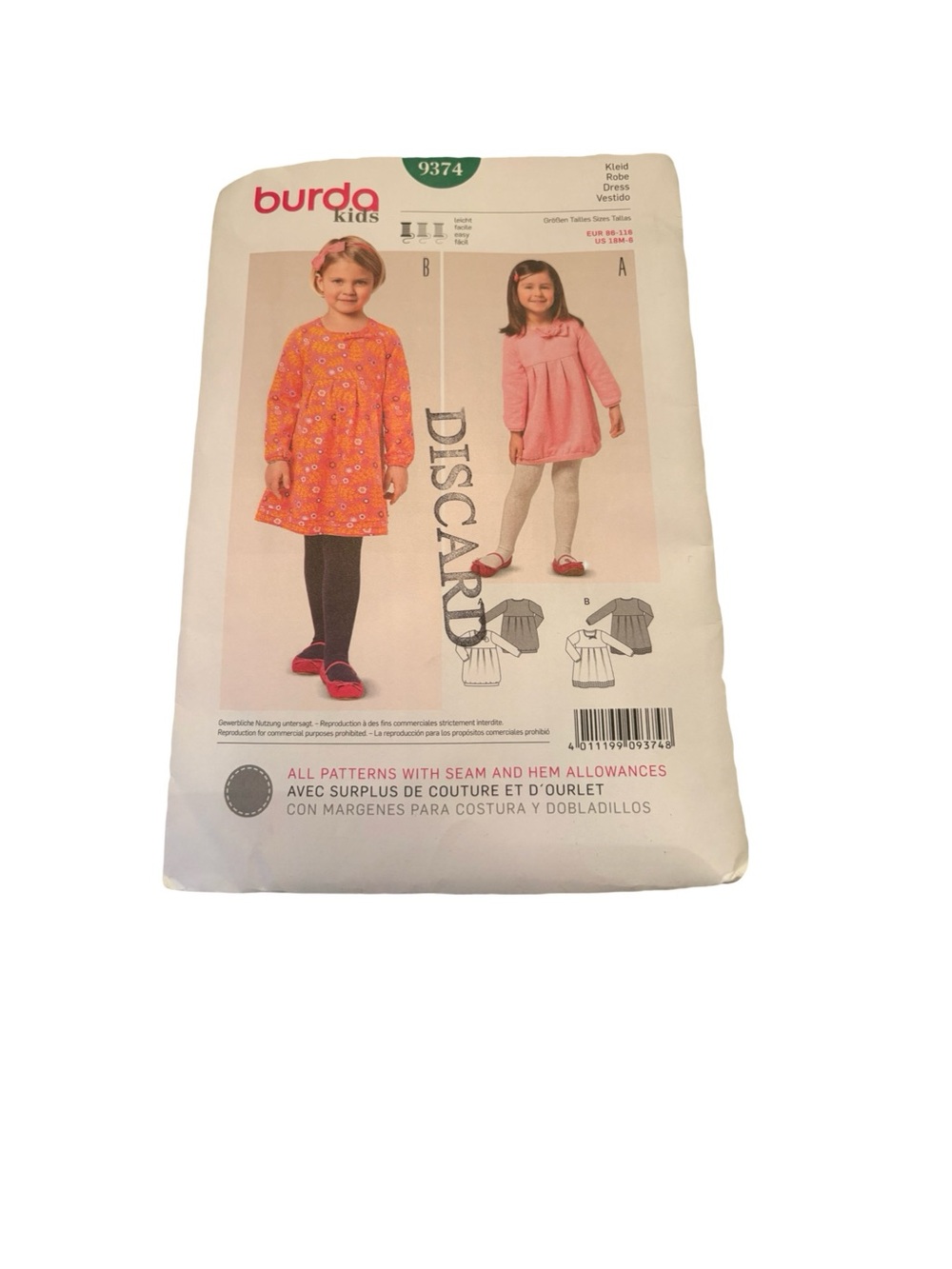 Burda Kids 9374 Girls Dress Sewing Pattern | Long Sleeve dress 18-6 yrs uncut